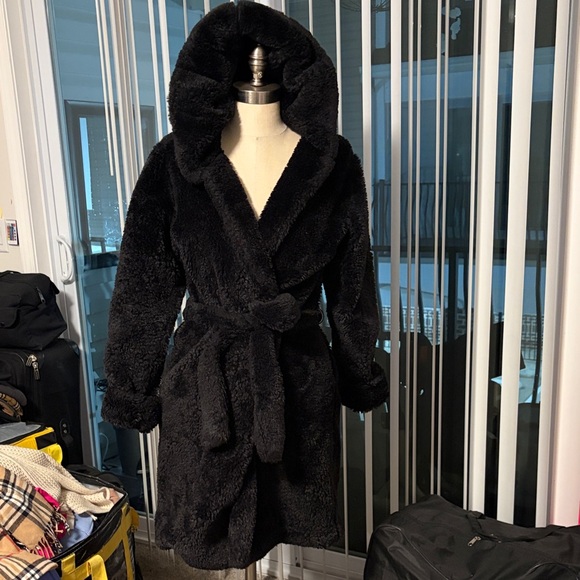 no brand Jackets & Blazers - Black Faux-Fur Hooded Teddy Coat with Belt